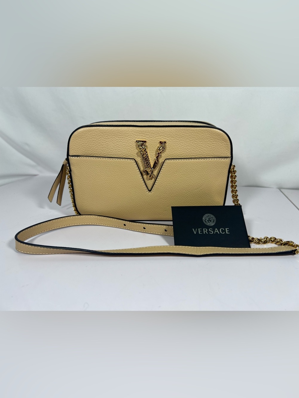 3071: Versace Virtus V Barocco Camera Crossbody Bag Cream Leather